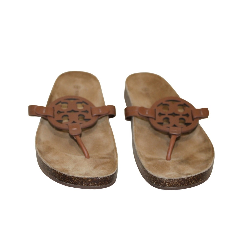 Tory Burch Miller Cloud Sandal Womens 12 Brown Good Leather Cork Logo Thong - Picture 3 of 5